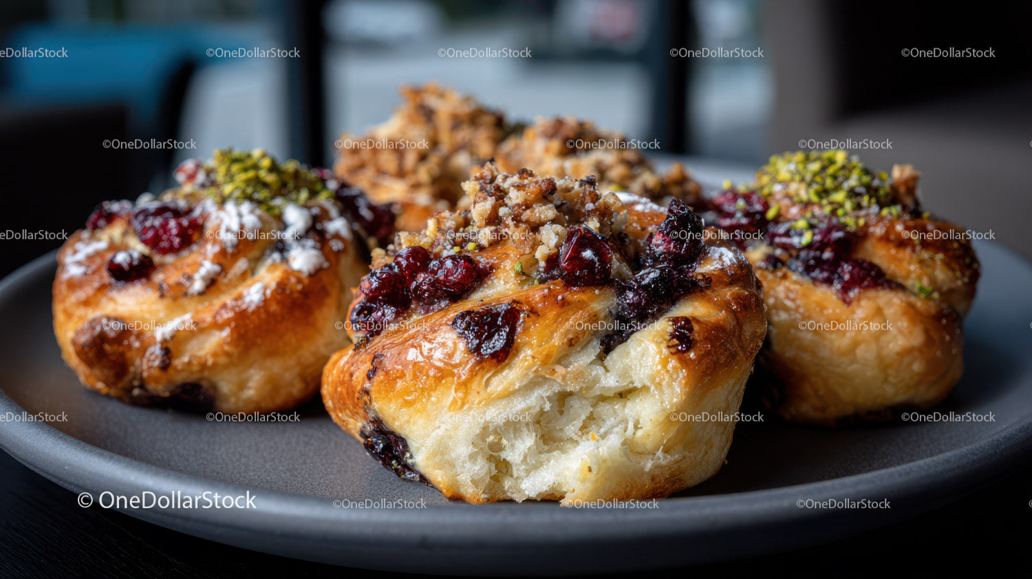Berry Topped Croissants with Nutty Crumbles on Black Plate