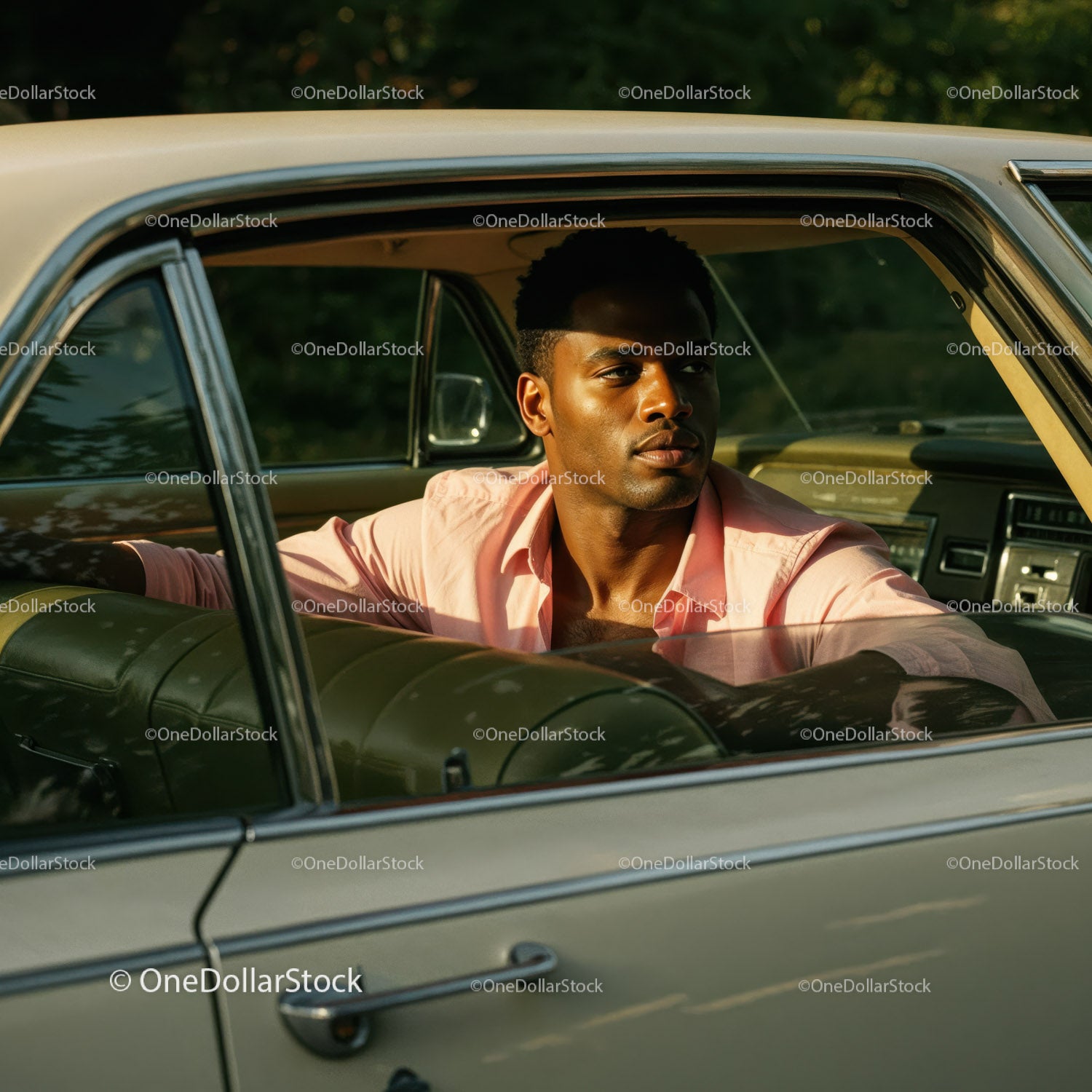 Young Man in Pink Shirt Sitting in Vintage Car on a Sunny Day