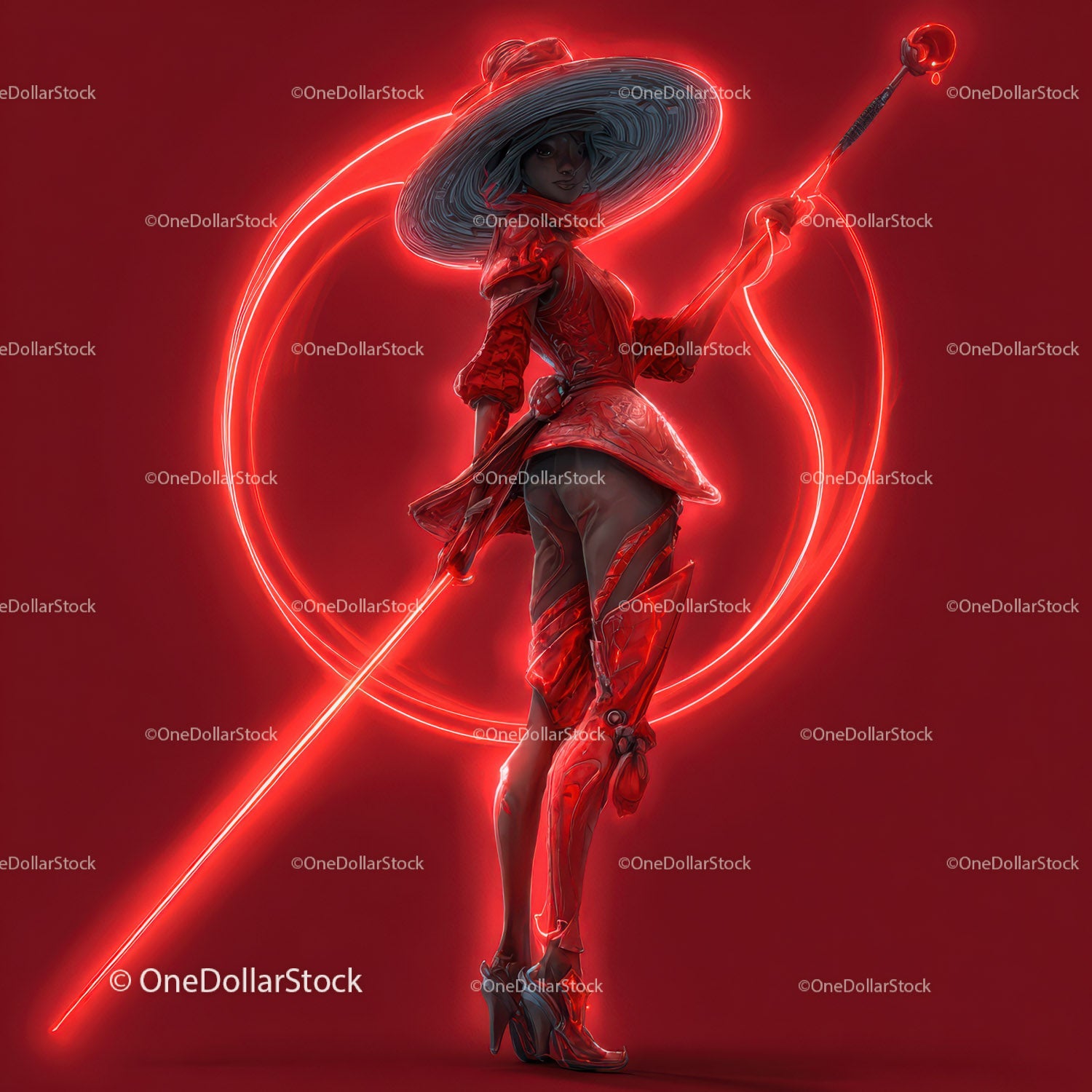 Futuristic Samurai in Neon Red Armor Holding Umbrella