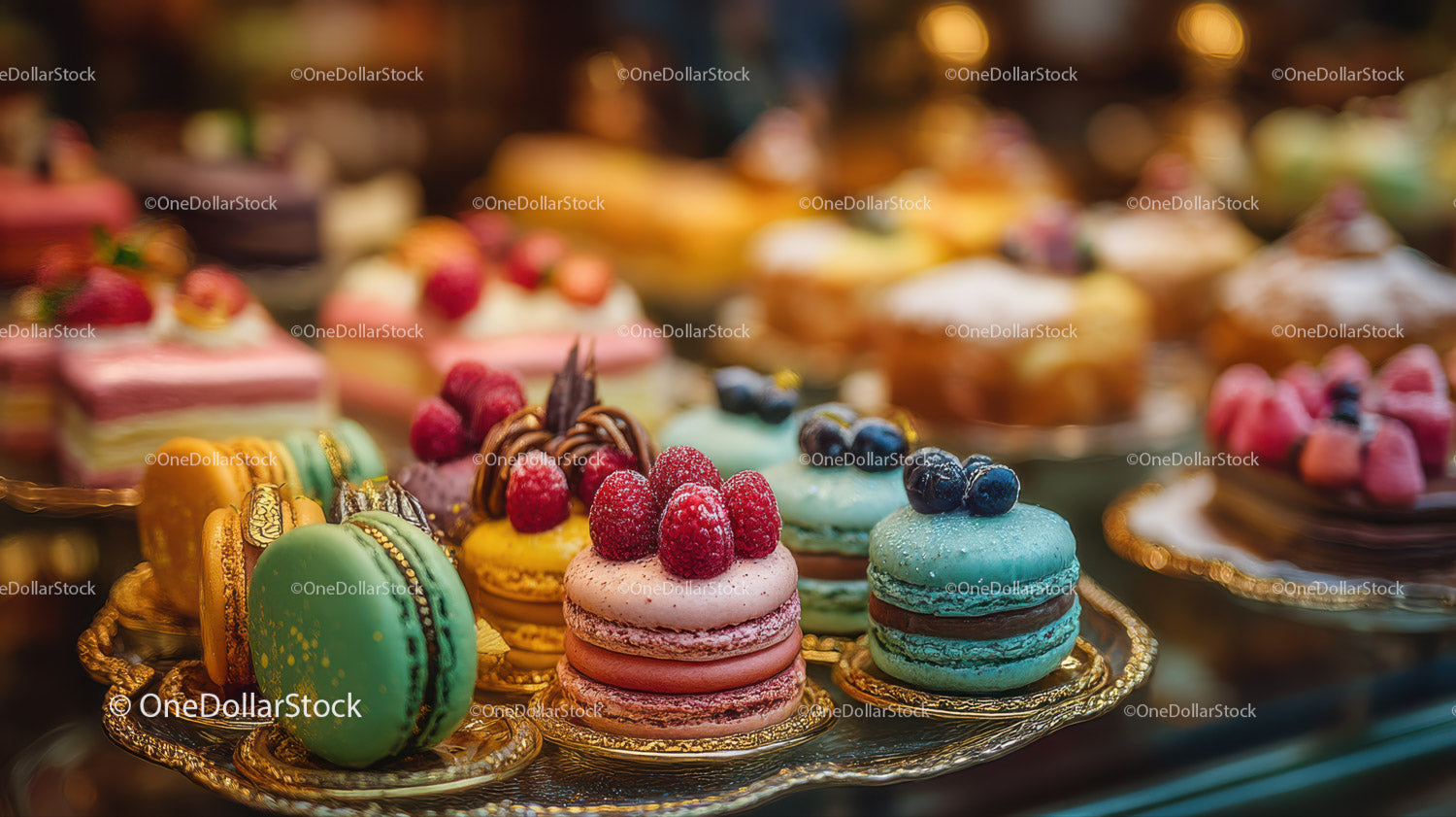 Elegant Assorted Macarons and Pastries in a Luxury Bakery Display