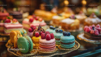 Elegant Assorted Macarons and Pastries in a Luxury Bakery Display