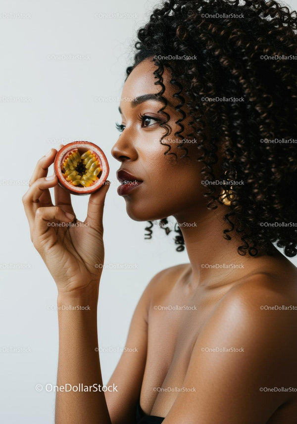Elegant Woman with Passion Fruit Showcasing Natural Beauty and Exotic Elegance