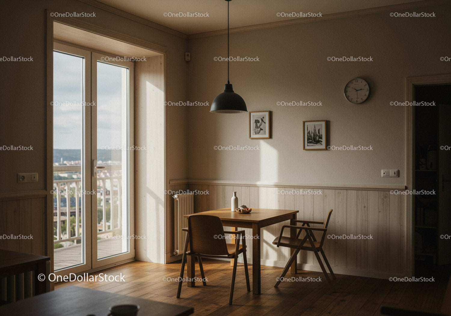 Cozy dining area with sunlight streaming through glass door