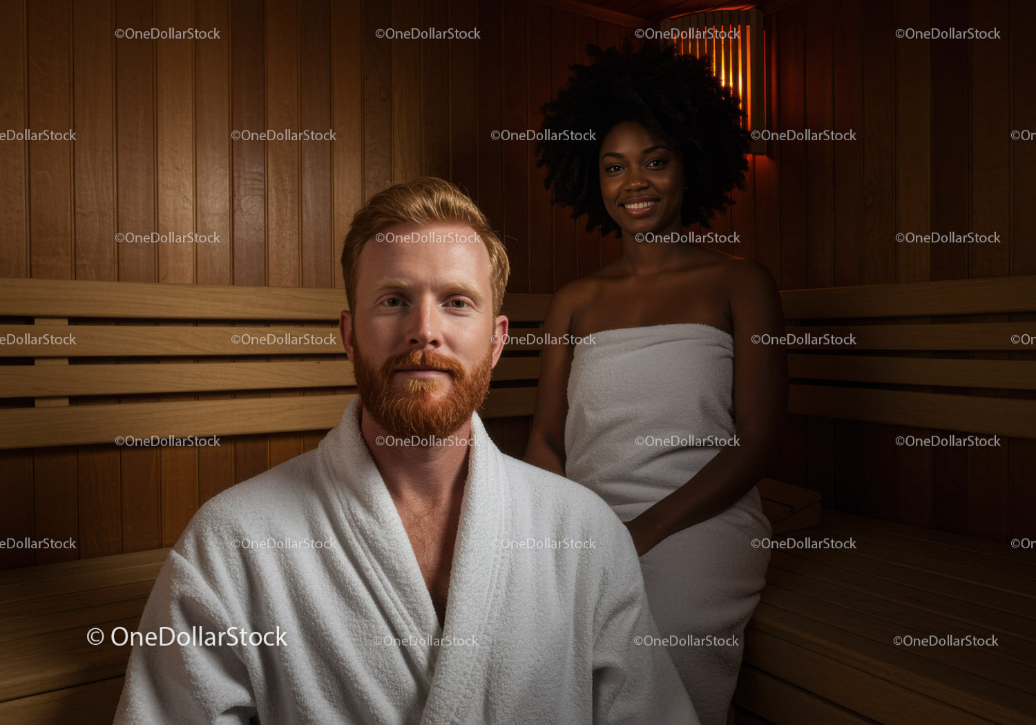 Diverse People Relaxing in Sauna with Wooden Interior