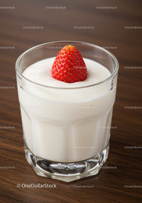 Fresh strawberry on creamy yogurt in clear glass