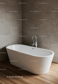 Modern White Freestanding Bathtub in Elegant Bathroom with Brown Tiles
