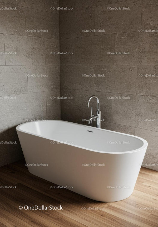 Nowoczesna Biała Wolnostojąca Wanna w Eleganckiej Łazience z Brązowymi Płytkami