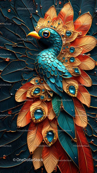 Intricate Peacock with Vibrant Blue and Gold Feathers in Artistic Detail