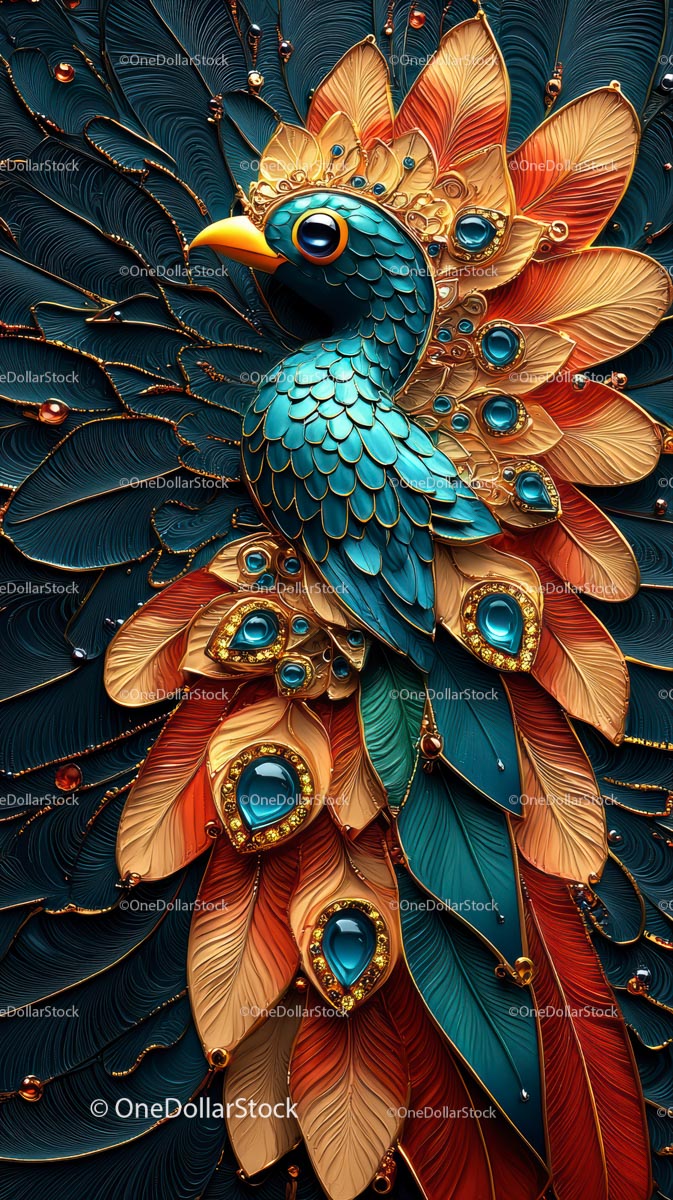 Intricate Peacock with Vibrant Blue and Gold Feathers in Artistic Detail