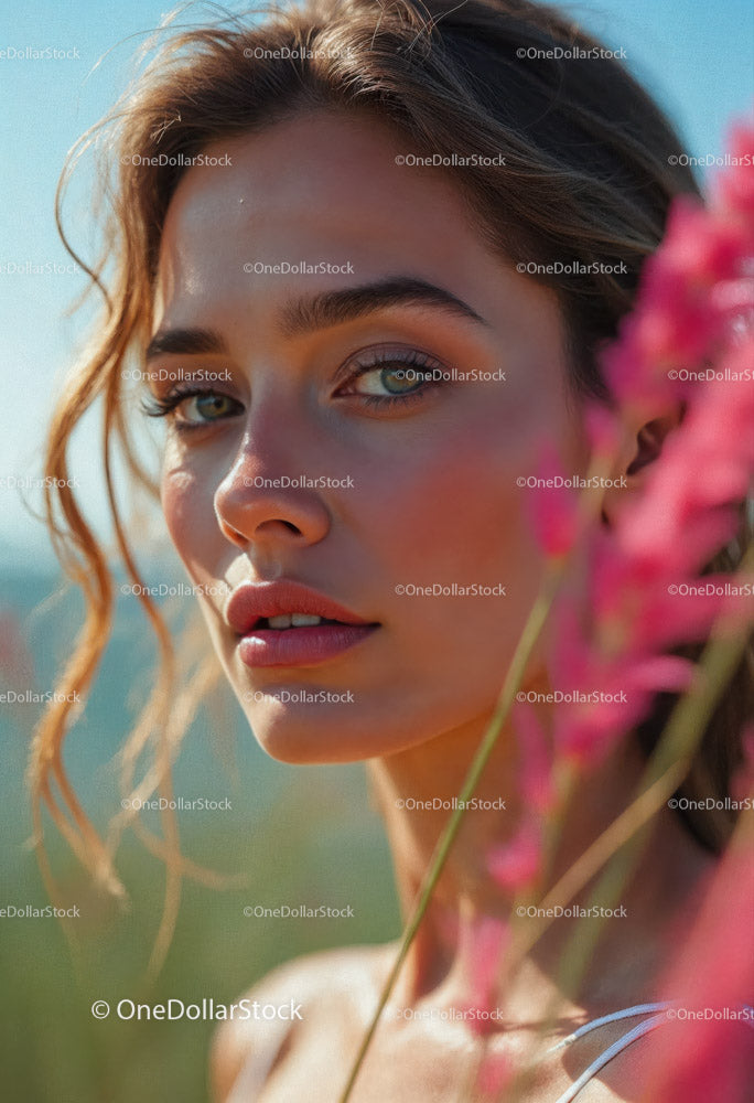 Portret kobiety z zielonymi oczami i różowymi kwiatami z bliska