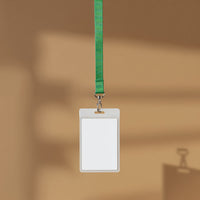 Blank ID Badge with Green Lanyard on Brown Background