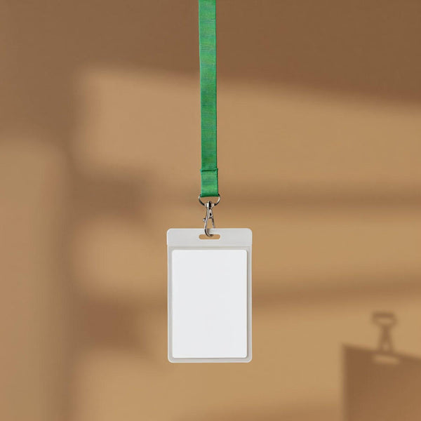 Blank ID Badge with Green Lanyard on Brown Background JPG Mockup Image