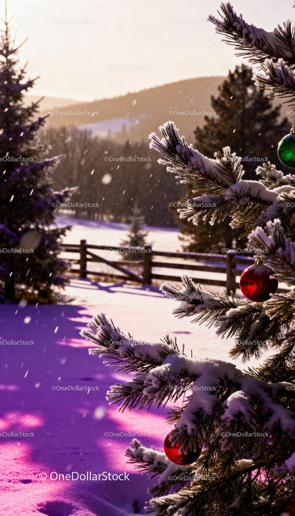 Snowy Christmas tree decorated with baubles in winter landscape