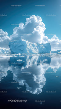 Majestic Blue Iceberg Surrounded by Calm Reflective Waters and Cloudy Sky