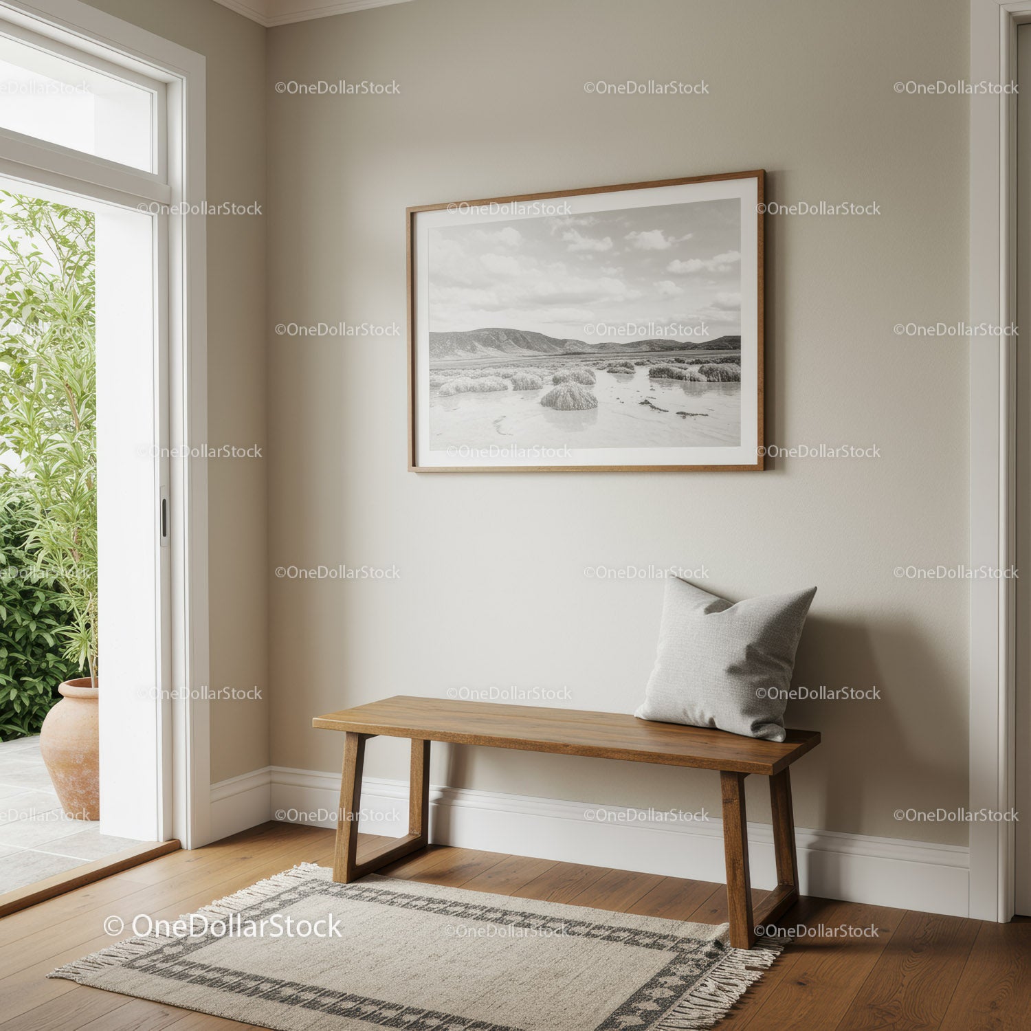 Minimalist Interior with Wooden Bench and Wall Art in Bright Home