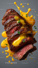 Juicy Rare Steak with Yellow Sauce and Fresh Herbs on Gray Background