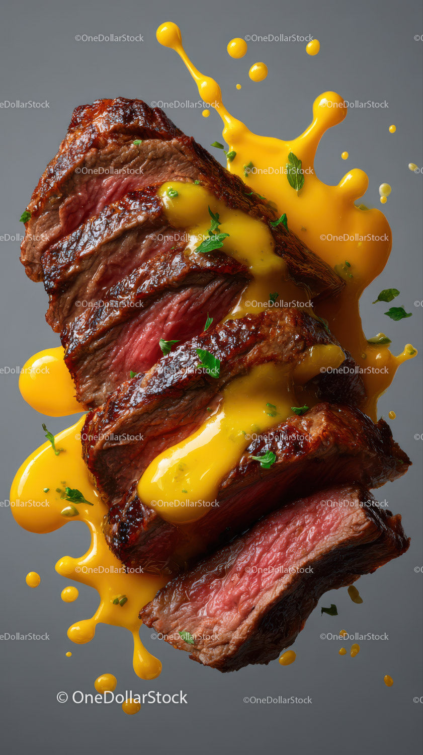 Juicy Rare Steak with Yellow Sauce and Fresh Herbs on Gray Background
