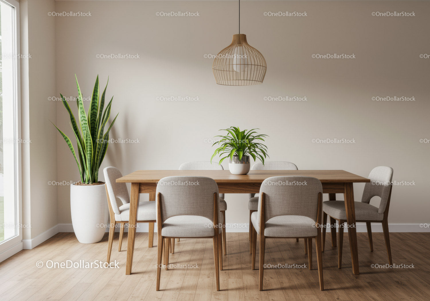 Modern Dining Room with Green Plant and Wooden Table