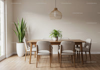 Modern Dining Room with Green Plant and Wooden Table