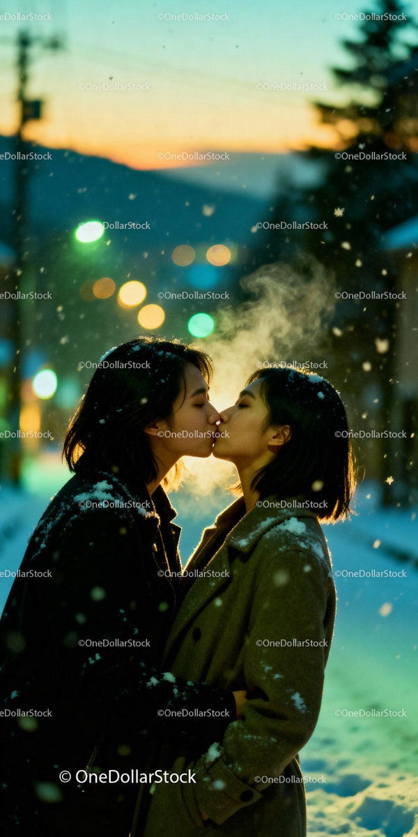 Couple Sharing a Tender Kiss on Snowy Winter Evening