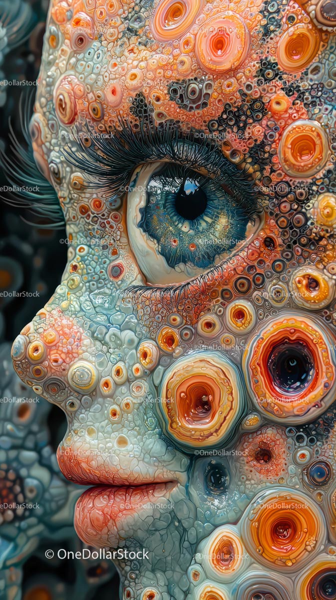 Surrealistyczna artystyczna twarz kobiety z kolorowymi, okrągłymi wzorami