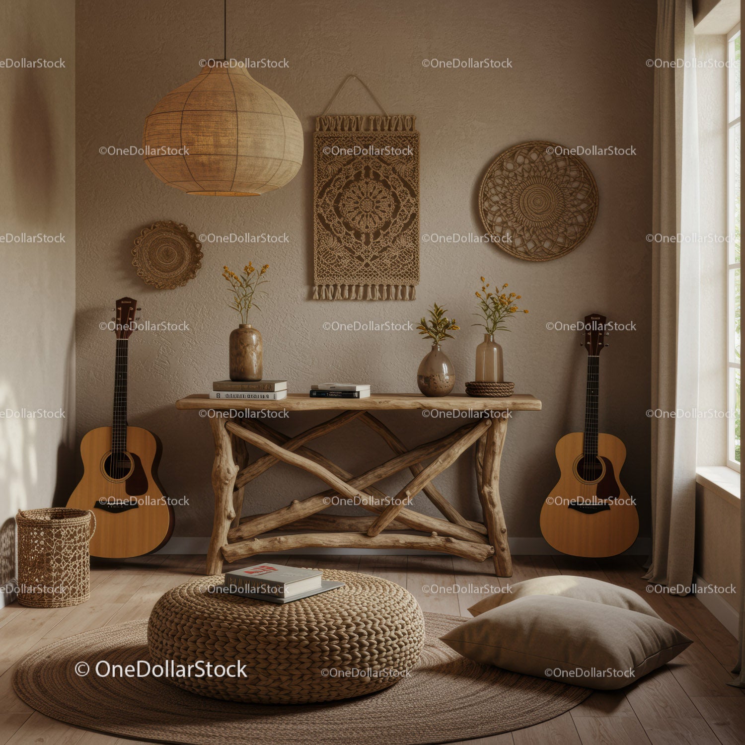 Przytulny salon w stylu boho z naturalnym drewnem i gitarami