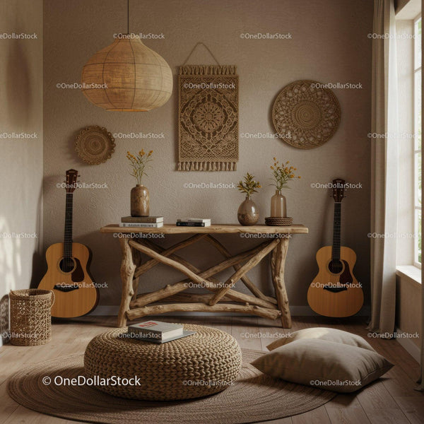 Przytulny boho salon z naturalnym drewnem i gitarami