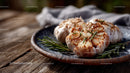 Roasted Garlic Cloves with Rosemary on Rustic Wooden Table