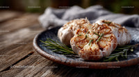 Roasted Garlic Cloves with Rosemary on Rustic Wooden Table