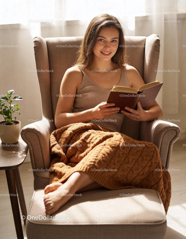 Young woman enjoying reading book in cozy armchair