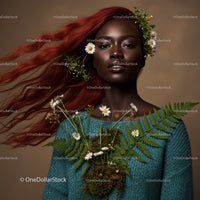 Elegant Portrait of a Woman with Flowing Red Hair and Botanical Accessories