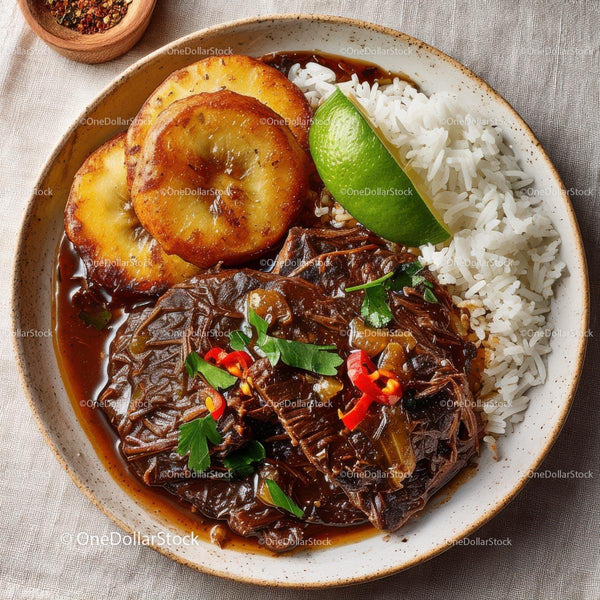 Savory Brazilian Beef Stew with Grilled Plantains and Rice