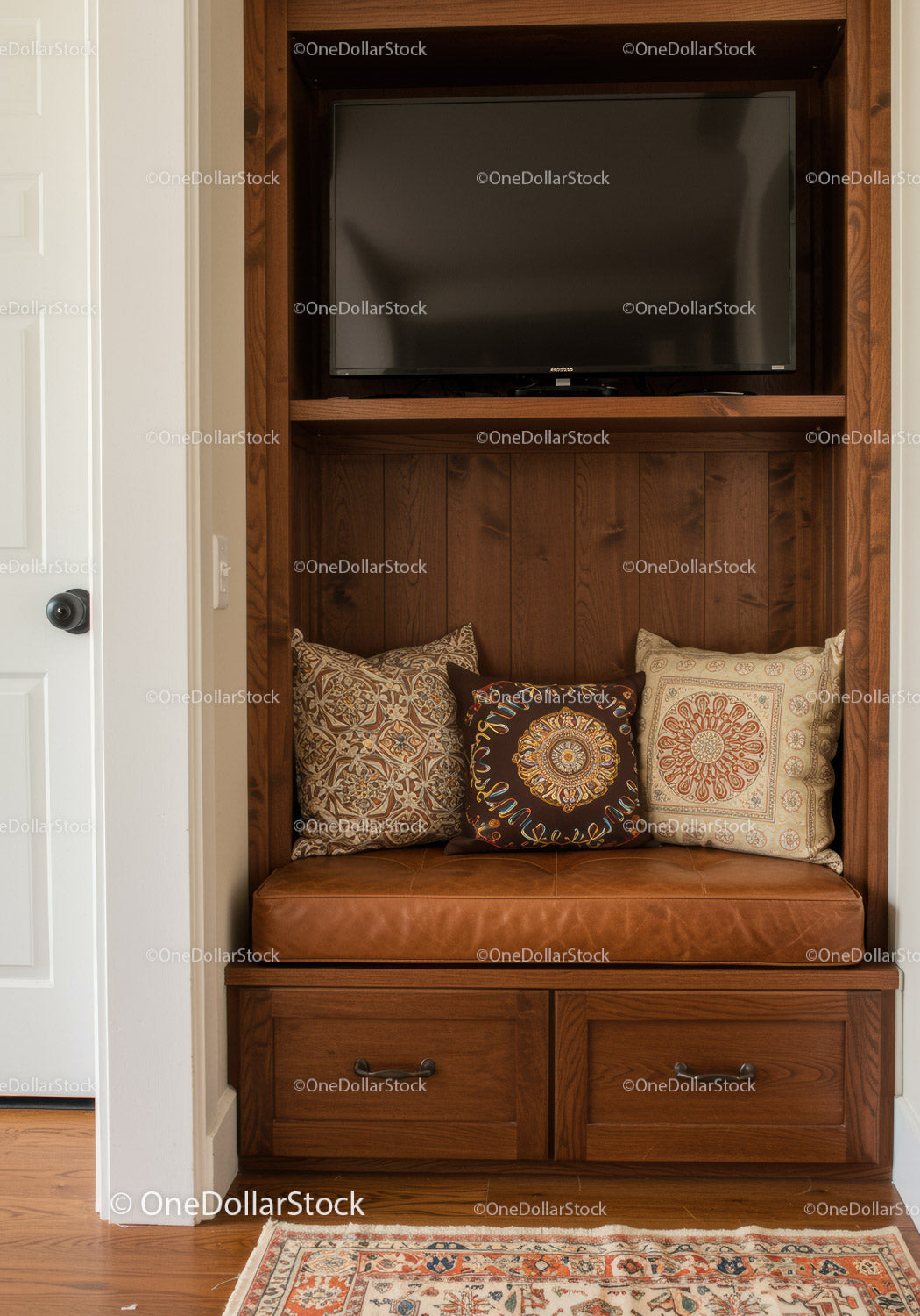 Wooden Built-in Bench with Cushions and Flat-Screen TV in Cozy Living Room