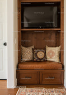 Wooden Built-in Bench with Cushions and Flat-Screen TV in Cozy Living Room