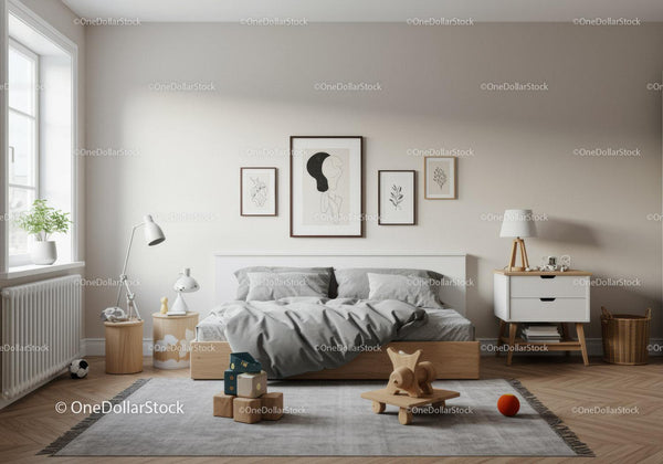 Modern Minimalist Bedroom with Neutral Palette and Wooden Accents
