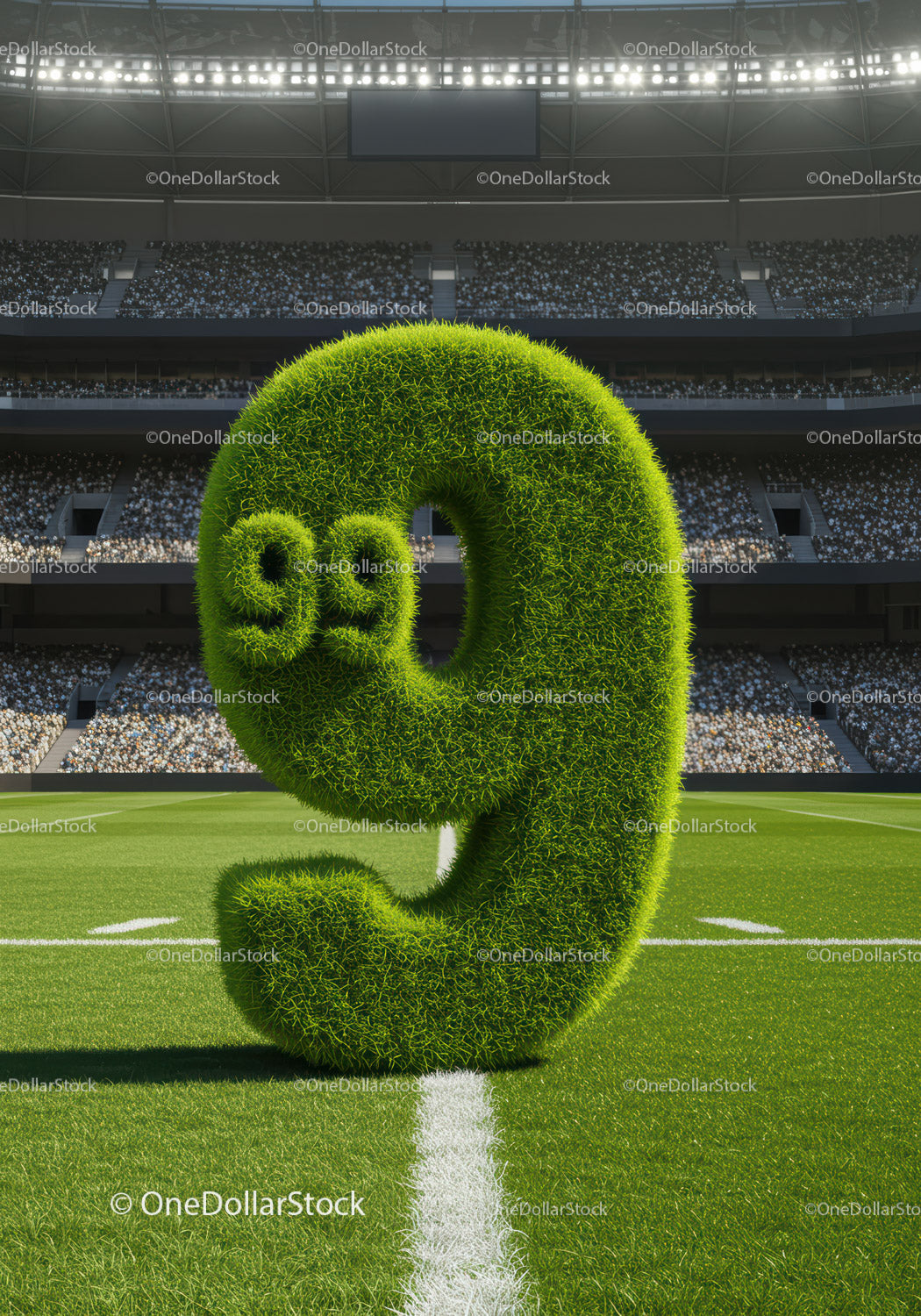 Green grass number nine with nine balls on soccer field