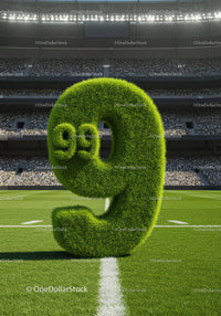 Green grass number nine with nine balls on soccer field