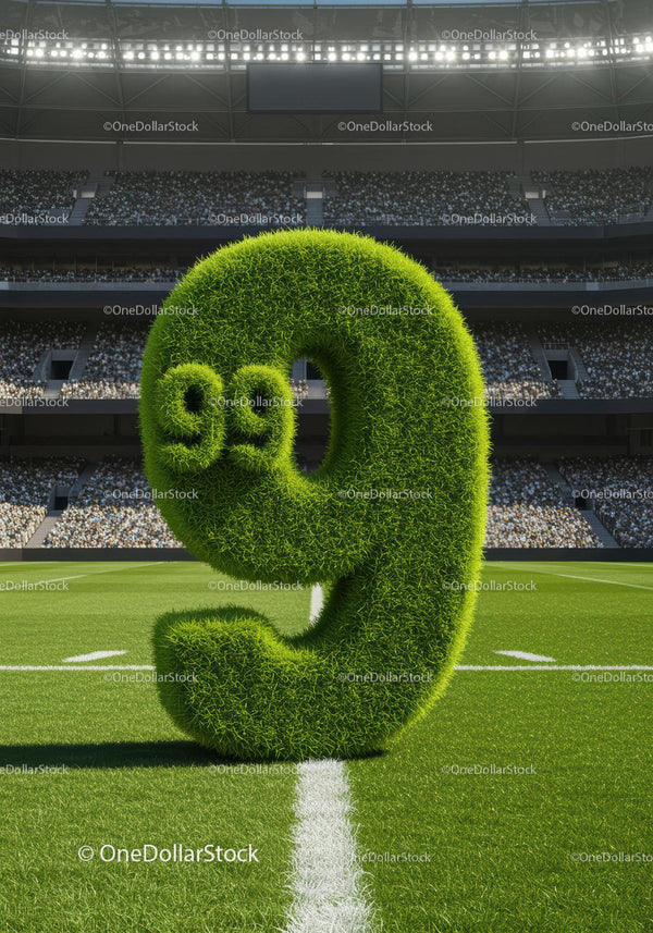 Green grass number nine with nine balls on soccer field