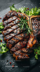 Grilled Beef Ribs with Fresh Green Herbs on Plate