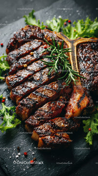 Grilled Beef Ribs with Fresh Green Herbs on Plate