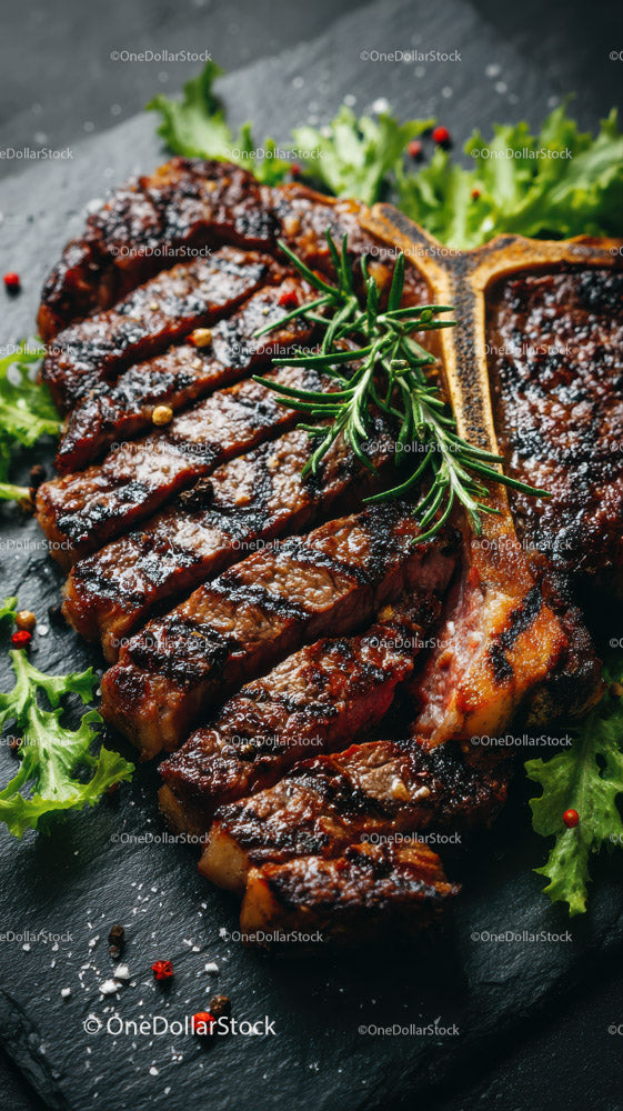 Grilled Beef Ribs with Fresh Green Herbs on Plate