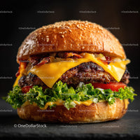 Juicy Cheeseburger with Bacon and Fresh Vegetables