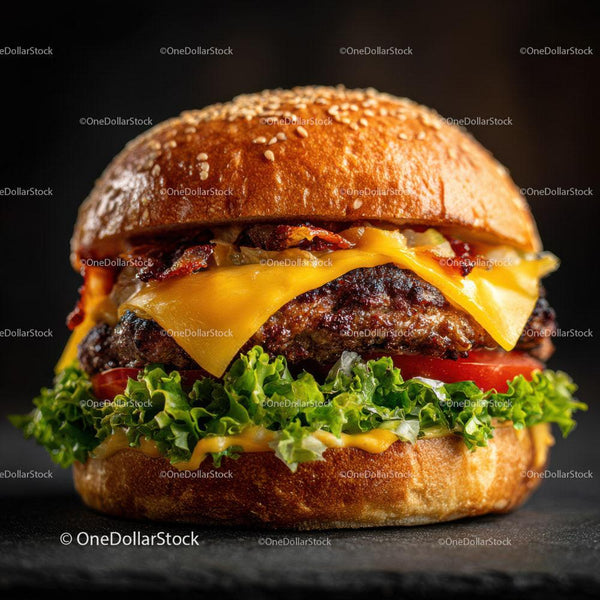 Juicy Cheeseburger with Bacon and Fresh Vegetables