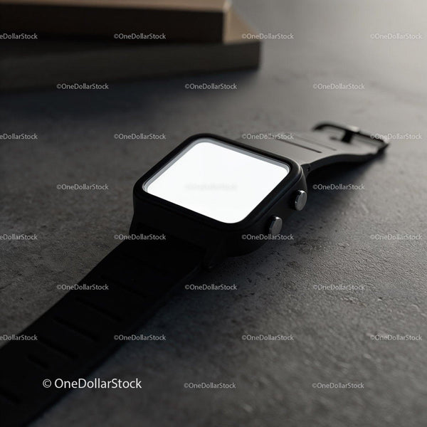 Black smart watch resting on textured dark surface JPG Mockup Image