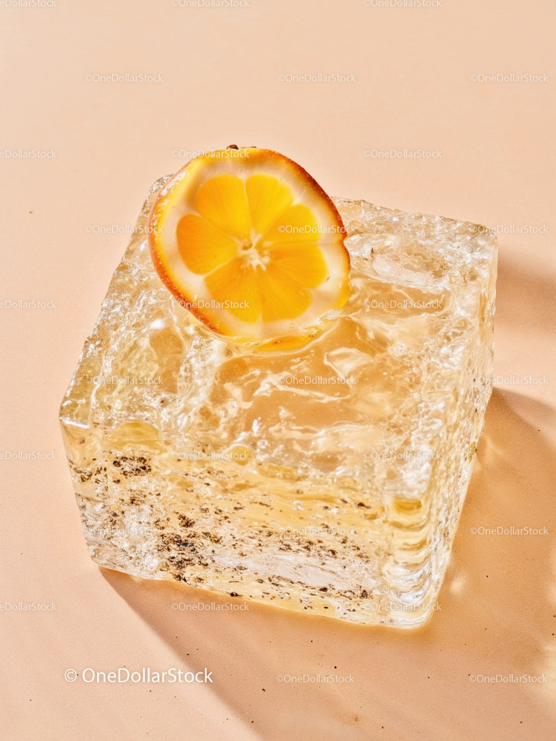 Fresh citrus slice on textured translucent ice cube