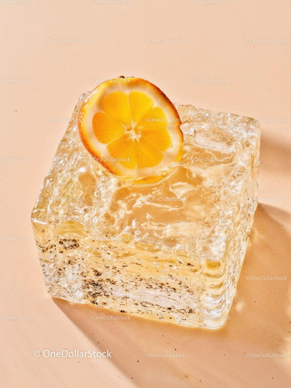 Fresh citrus slice on textured translucent ice cube