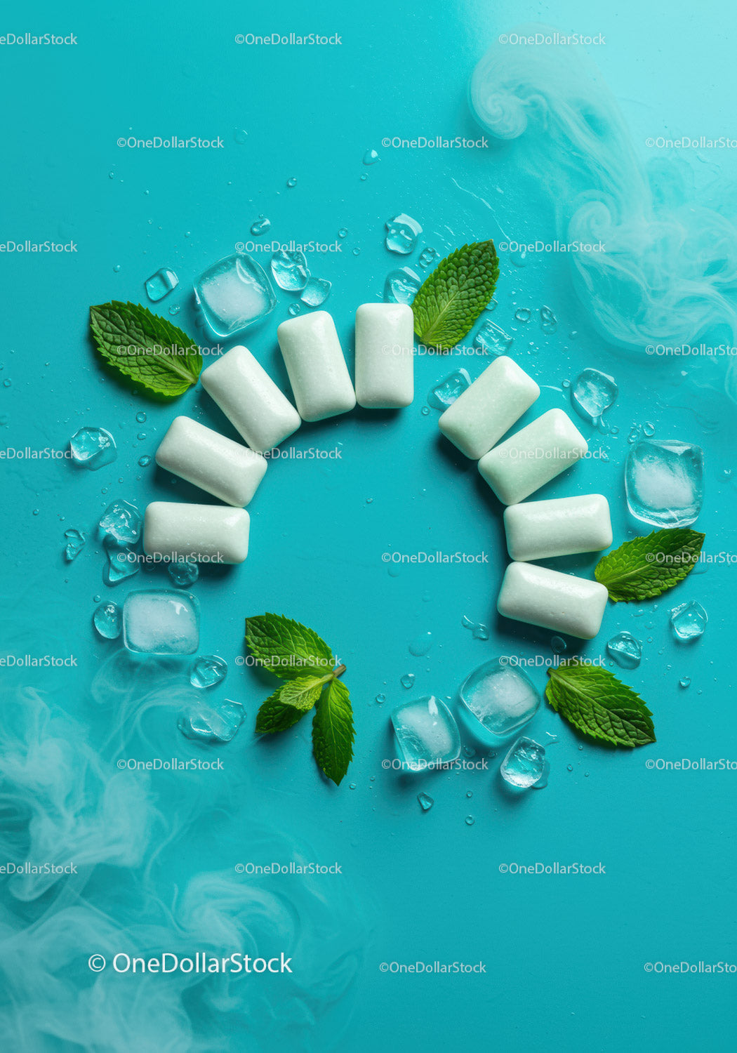 Refreshing chewing gum with mint leaves and ice cubes