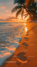 Sunset Over Tropical Beach with Palm Trees and Clear Ocean Water