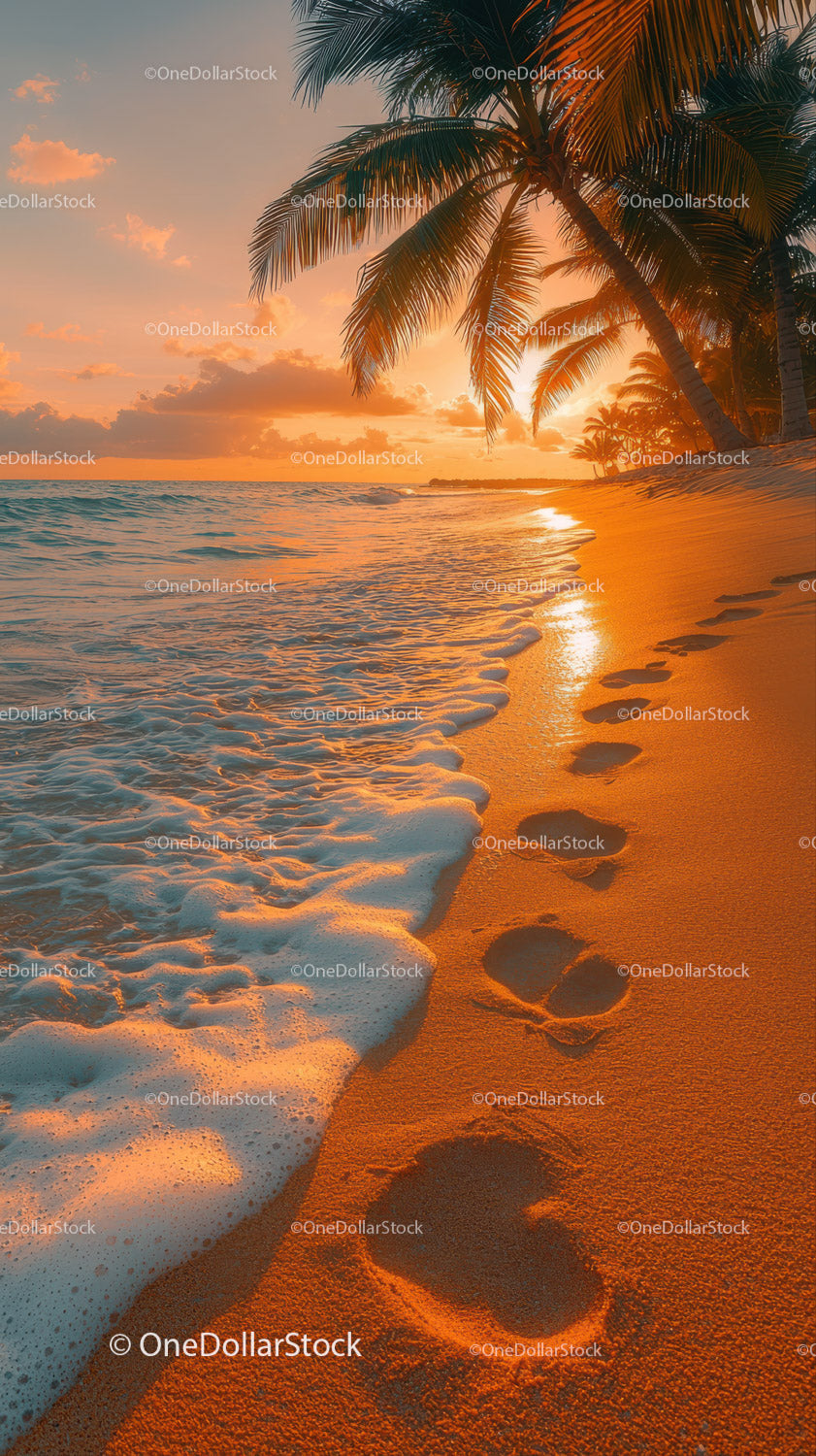 Sunset Over Tropical Beach with Palm Trees and Clear Ocean Water