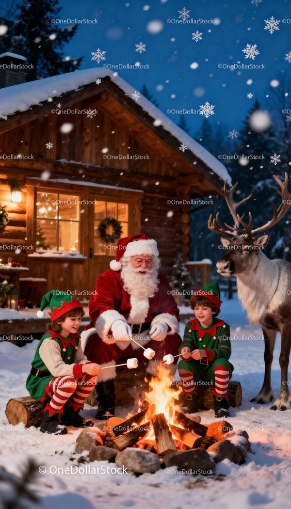 Santa and Elves Roasting Marshmallows by Cozy Cabin Fire